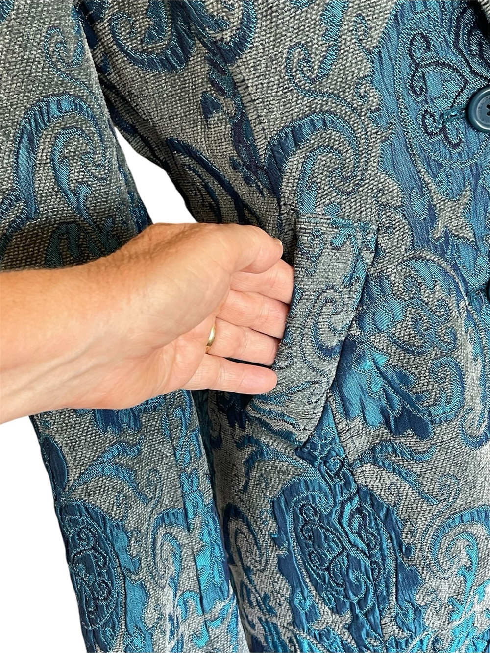 DKNY Jeans Turquoise Paisley Print Tapestry Coat - Picture 7 of 12